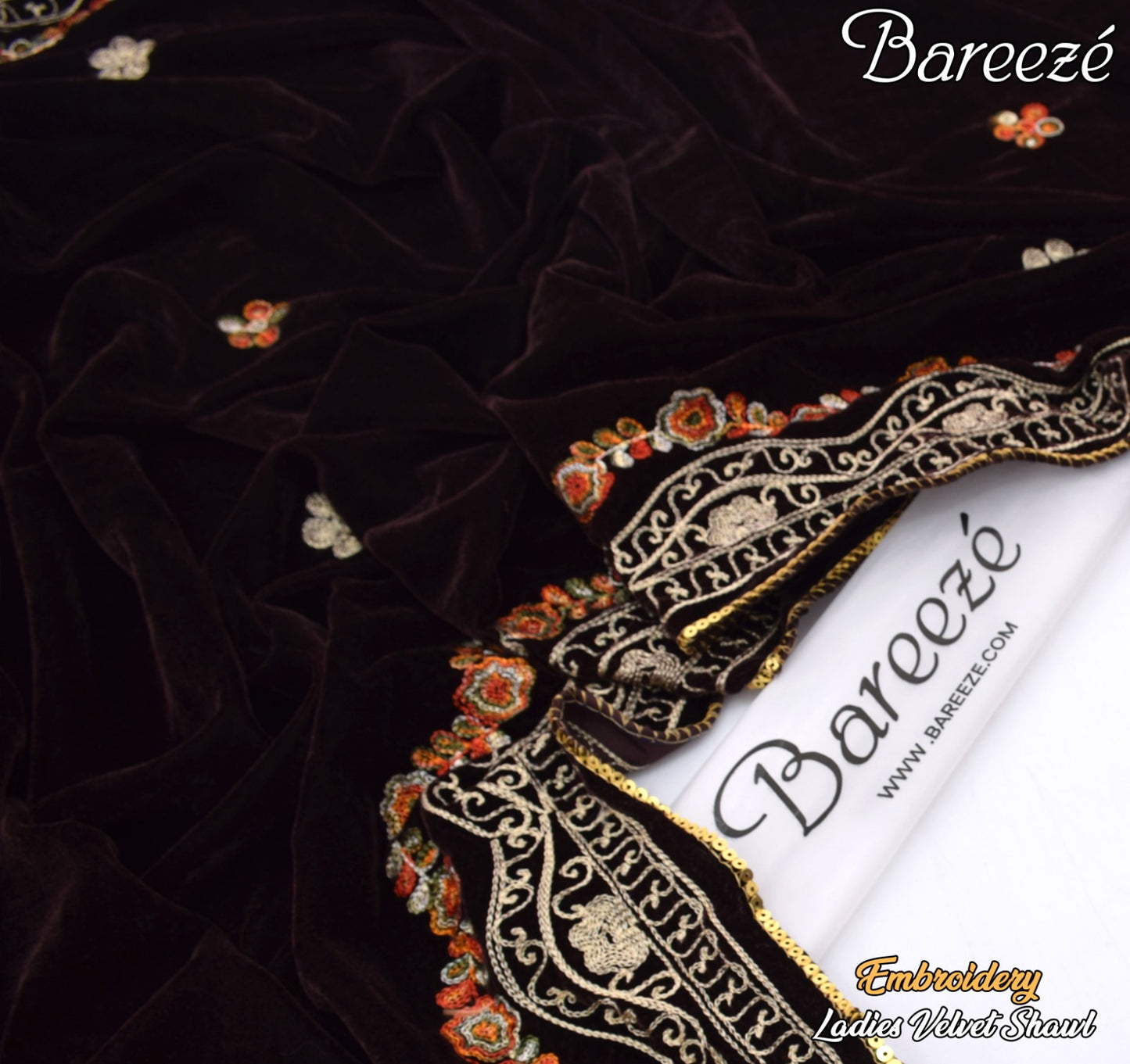 Bareeze Velvet Shawl Border Emb Brown