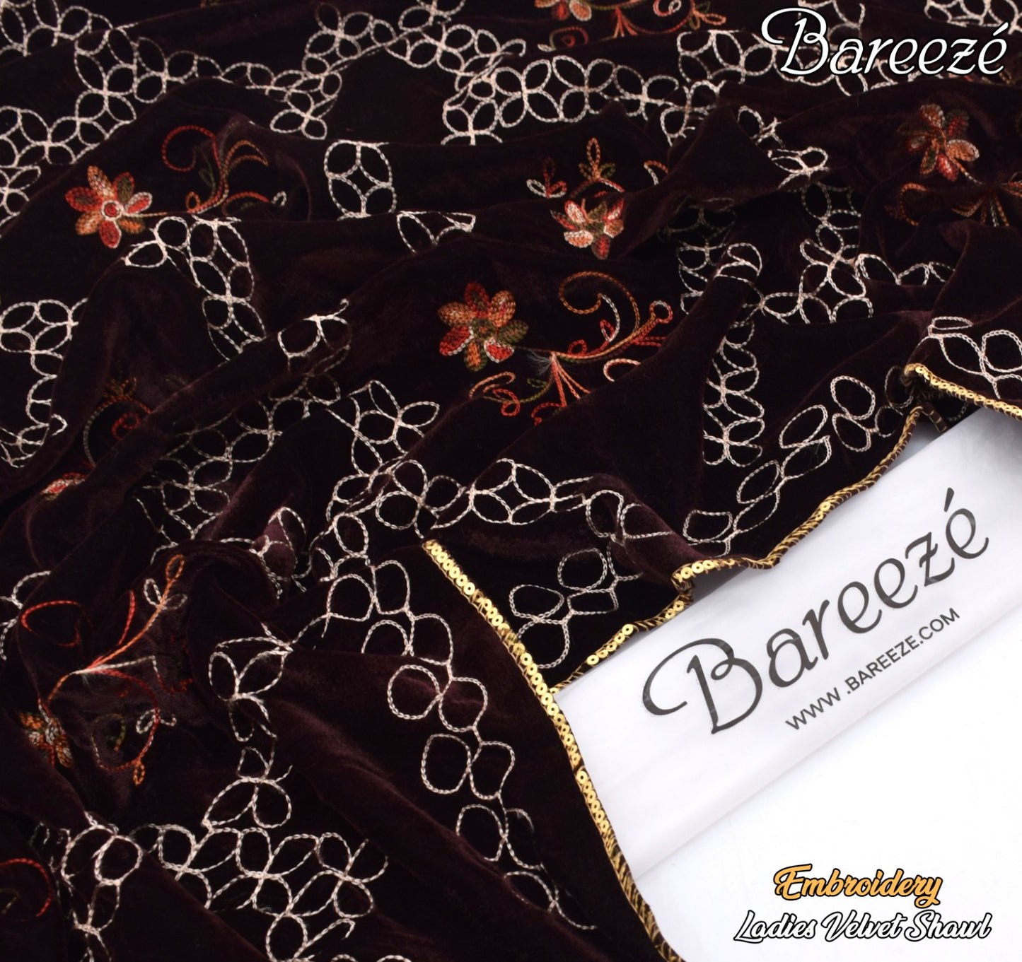 Bareeze Velvet Shawl Border Emb Brown