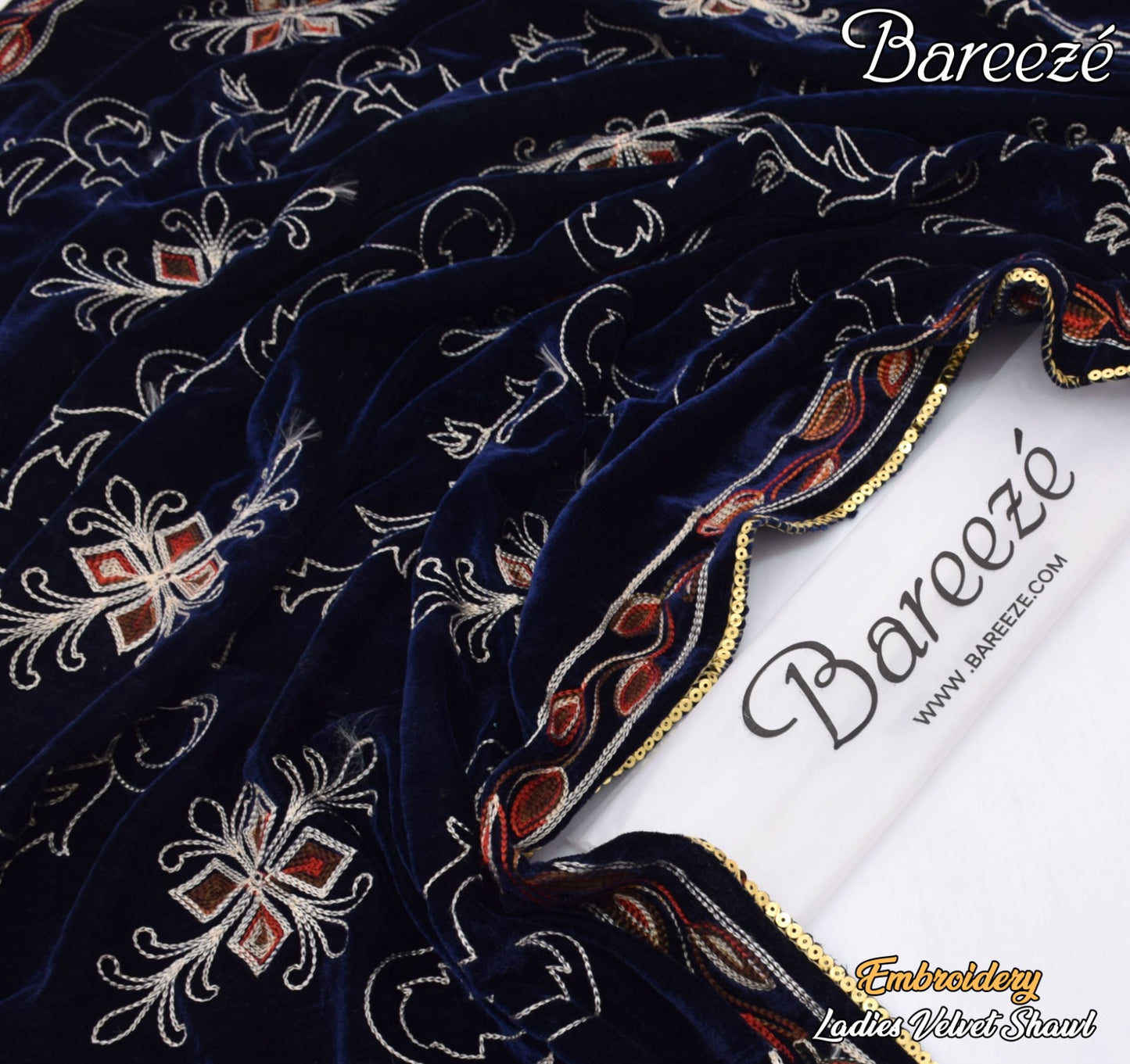 Bareeze Velvet Shawl Border Emb Blue