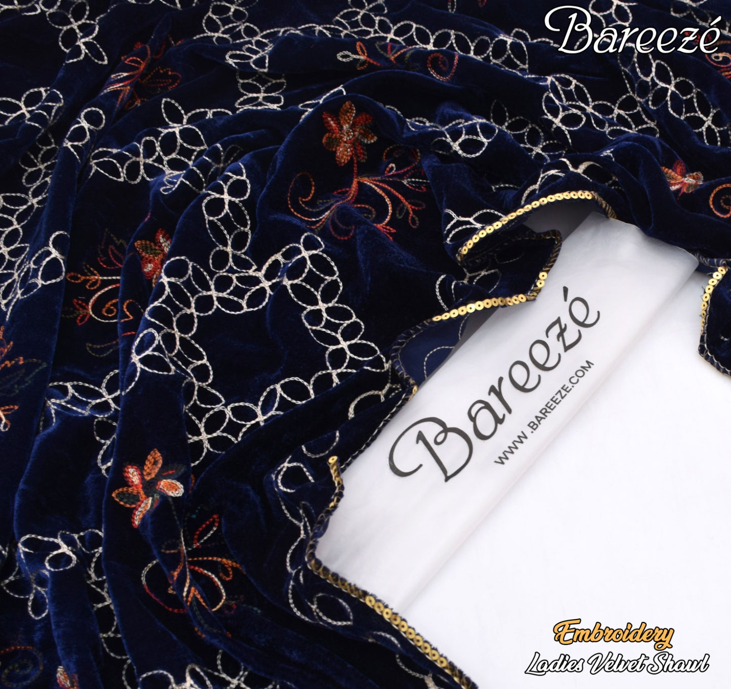 Bareeze Velvet Shawl Border Emb Blue