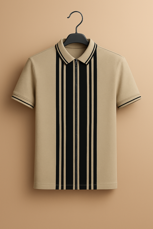 Cream Zipper Striped Polo Shirt
