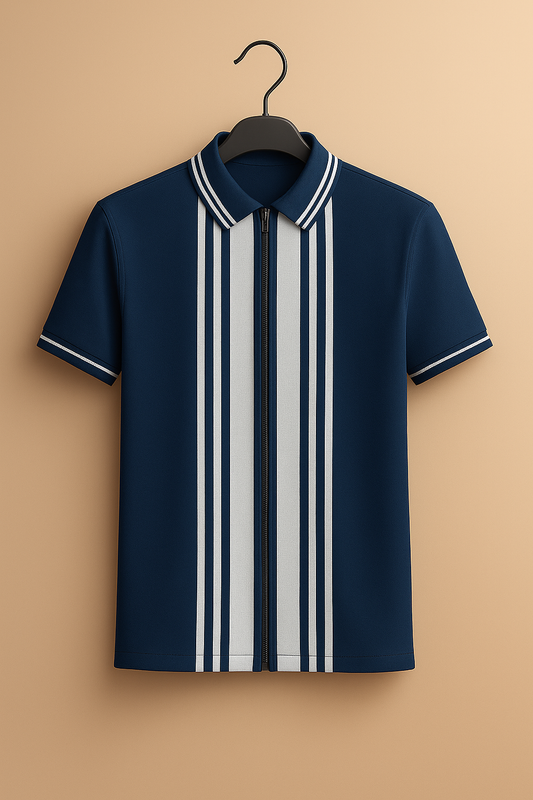 Navy Blue Zipper Striped Polo Shirt