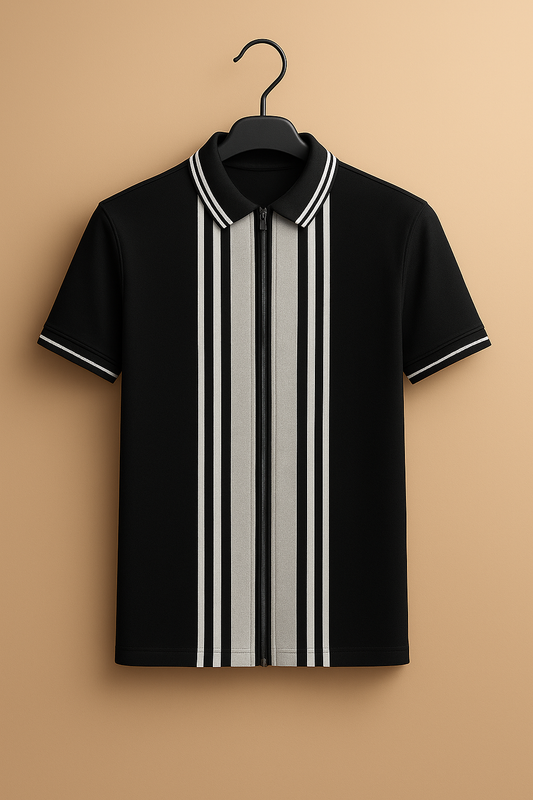 Black Zipper Striped Polo Shirt