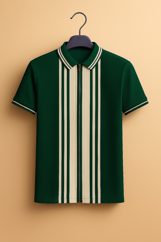 Green Zipper Striped Polo Shirt