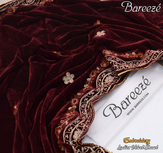 Bareeze Velvet Shawl Border Emb Burgundy