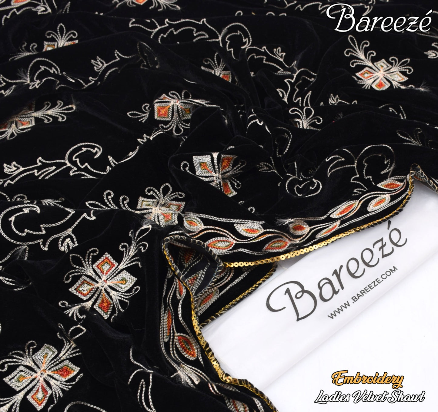 Bareeze Velvet Shawl Border Emb black