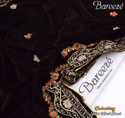 Bareeze Velvet Shawl Border Emb Brown