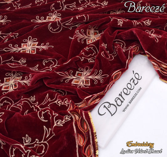 Bareeze Velvet Shawl Border Emb Maroon