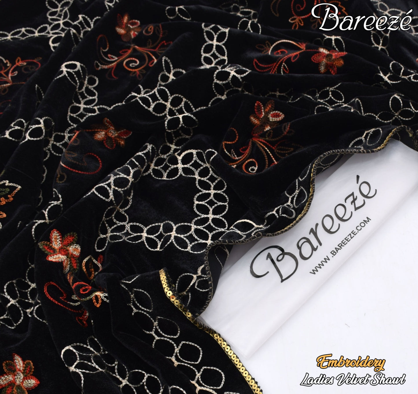 Bareeze Velvet Shawl Border Emb Black