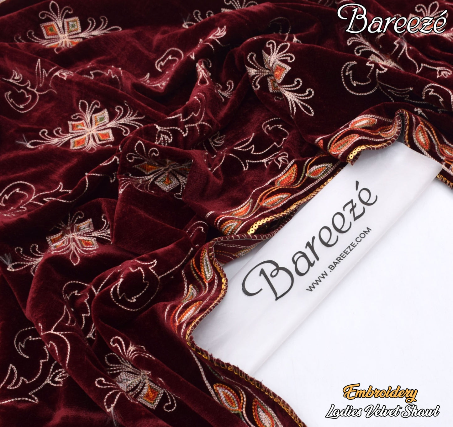 Bareeze Velvet Shawl Border Emb burgundy