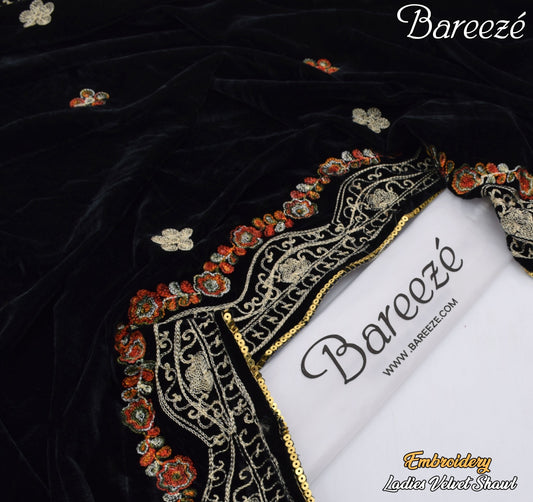 Bareeze Velvet Shawl Border Emb Black