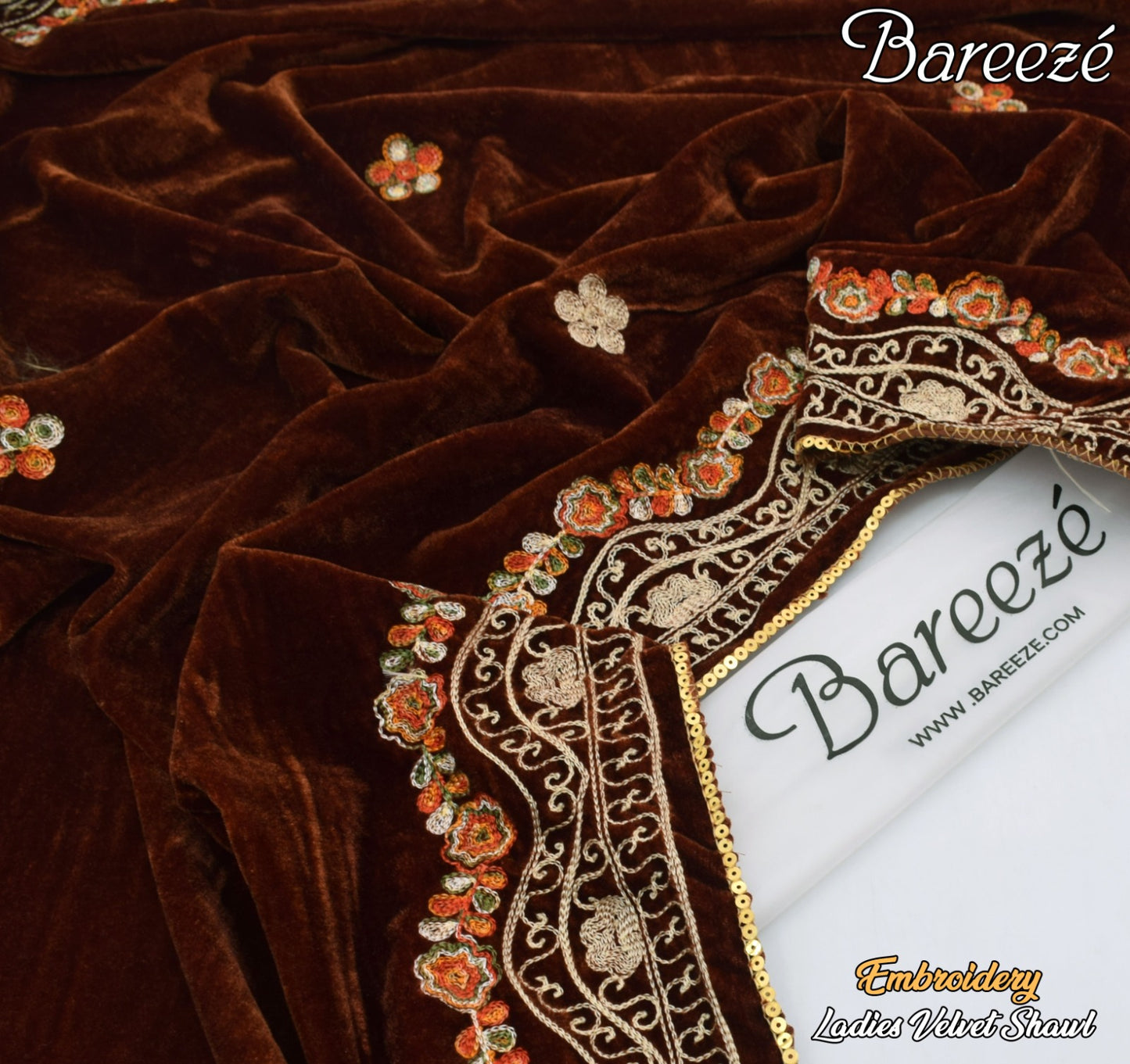 Bareeze Velvet Shawl Border Emb burgundy