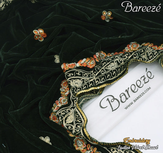 Bareeze Velvet Shawl Border Emb Green
