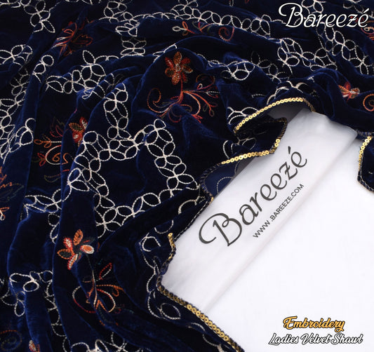 Bareeze Velvet Shawl Border Emb Blue